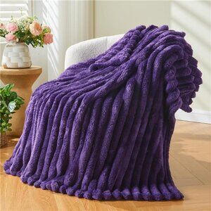 Super Soft Throw Blanket Purple Premium Silky Flannel Fleece Ribbed 50"x60"